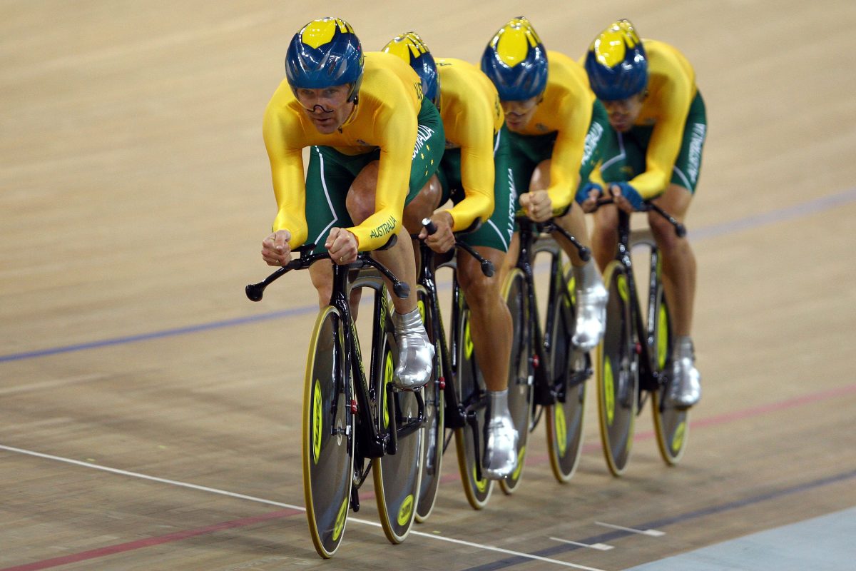 BEIJING - AUGUST 17: Jack Bobridge, Graeme Brown, Mark Jamieson and Bradley Mcgee of Australia compete in the men's team pursuit track cycling event held at the Laoshan Velodrome during Day 9 of the 2008 Beijing Summer Olympic Games on August 17, 2008 in Beijing, China. (Photo by Julian Finney/Getty Images)