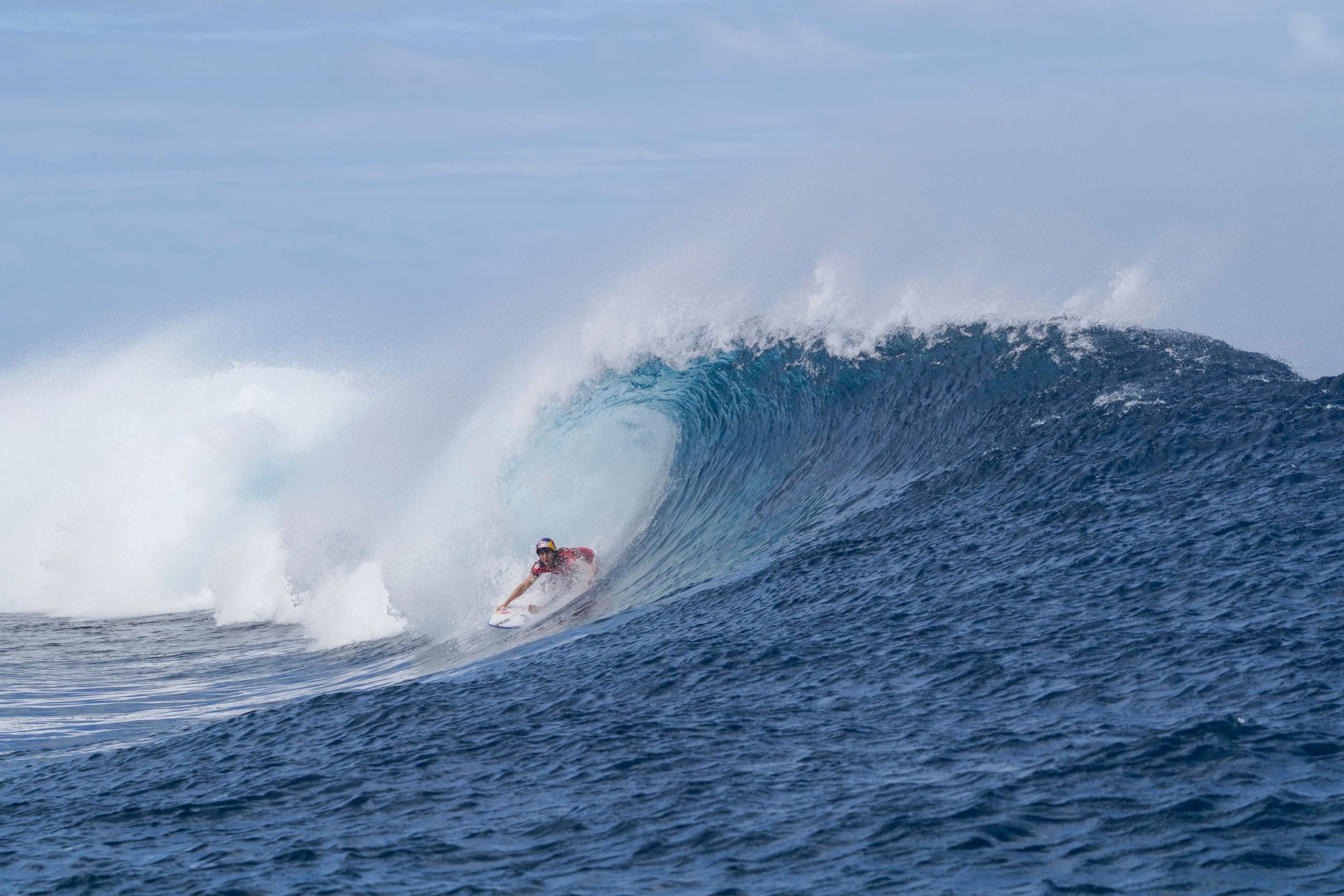 Australia's Molly Picklum rides a wave during the women's qurterfinals heat in the World Surf League (WSL) Tahiti pro competition, also a surfing test event for the Paris Olympic Games 2024, in Teahupo'o in Tahiti, French Polynesia on August 16, 2023. (Photo by Jerome Brouillet / AFP) (Photo by JEROME BROUILLET/AFP via Getty Images)