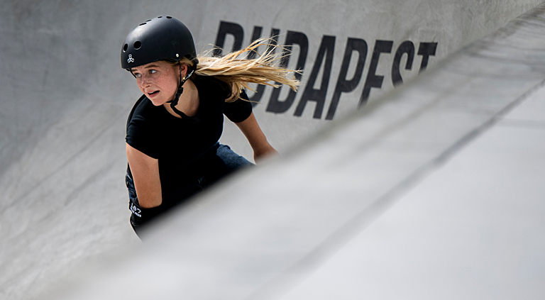 Ruby Trew AUS competes in the Women’s Skateboarding Park Prelims at Ludovika Campus. The Olympic Qualifier Series, Budapest, Hungary. Thursday 20 June 2024. Photo: OIS/Jonathan Nackstrand. Handout image supplied by OIS/IOC