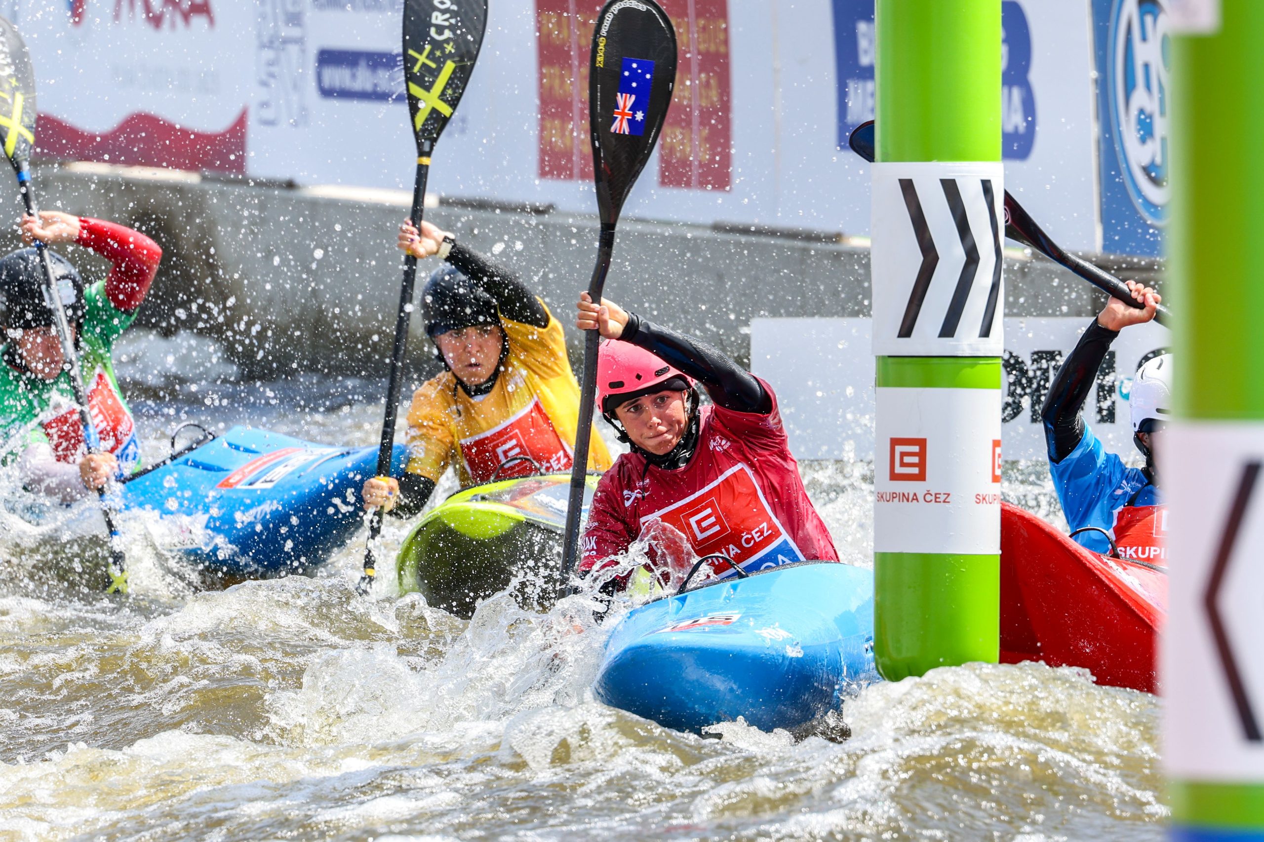 Noemie Fox contests the women's kayak cross at the World Cup in Prague and qualifies an Olympic quota place.
