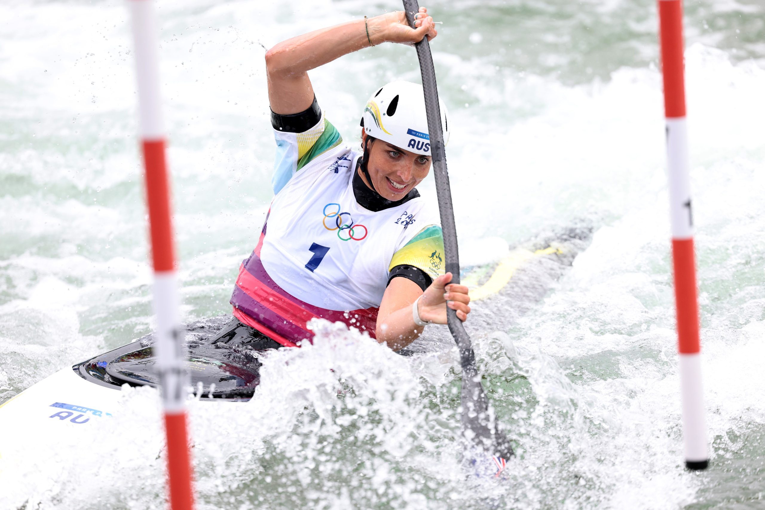 PARIS, FRANCE - JULY 27: Jessica Fox of Team Australia competes during the Women’s Kayak Single Heats 1st Run on day one of the Olympic Games Paris 2024 at Vaires-Sur-Marne Nautical Stadium on July 27, 2024 in Paris, France. (Photo by Justin Setterfield/Getty Images)