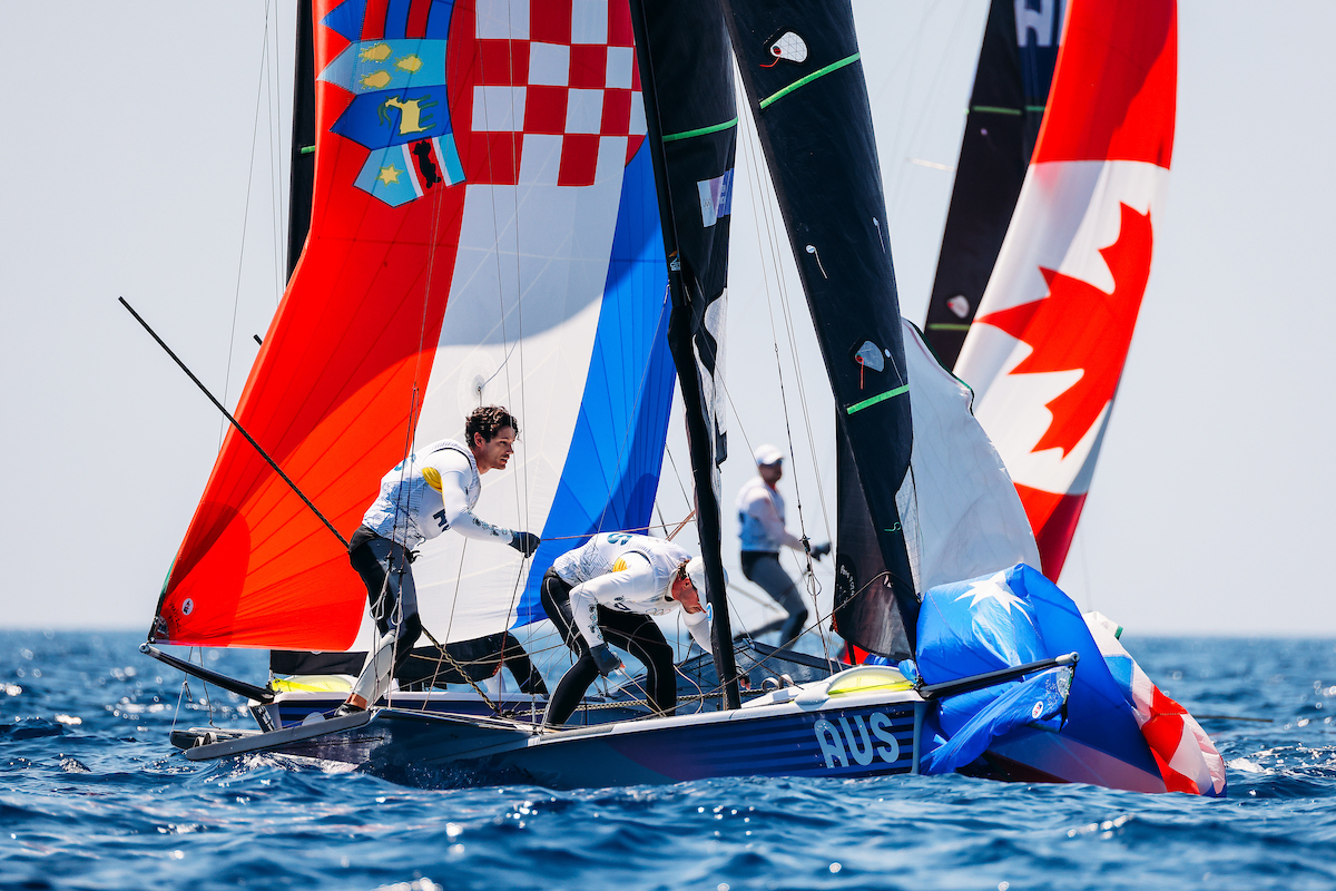 Jim Colley and Shaun Connor on Day 3 of the Paris 2024 Olympic Games. CREDIT Sailing Energy