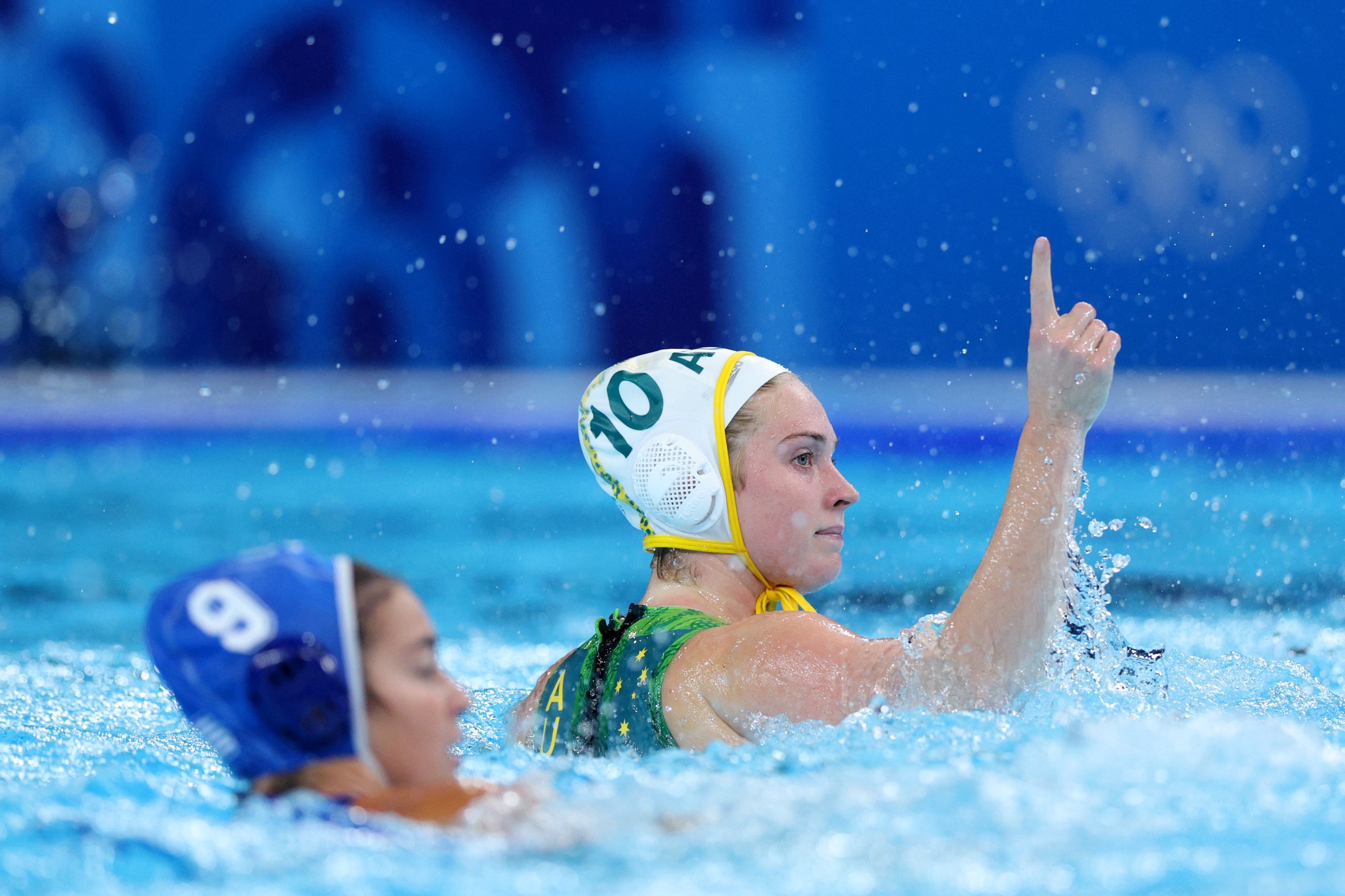 NANTERRE, FRANCE - AUGUST 06: Alice Williams of Team Australia celebrates a goal in the Women's Quarterfinal match between Team Australia and Team Greece on day eleven of the Olympic Games Paris 2024 at Paris La Defense Arena on August 06, 2024 in Nanterre, France. (Photo by Adam Pretty/Getty Images)