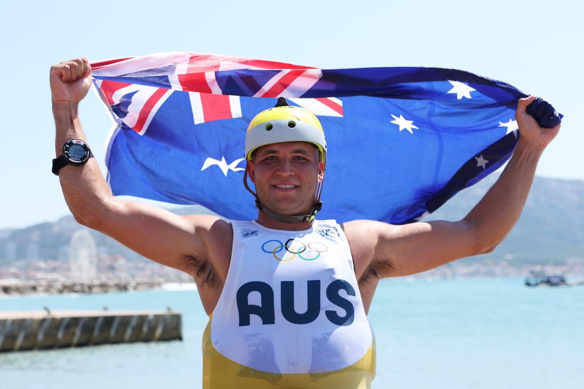 MARSEILLE, FRANCE - AUGUST 03: Grae Morris of Team Australia celebrates winning the Silver medal in the Men's Windsurf iQFoil class final on day eight of the Olympic Games Paris 2024 at Marseille Marina on August 03, 2024 in Marseille, France. (Photo by Alex Livesey/Getty Images)