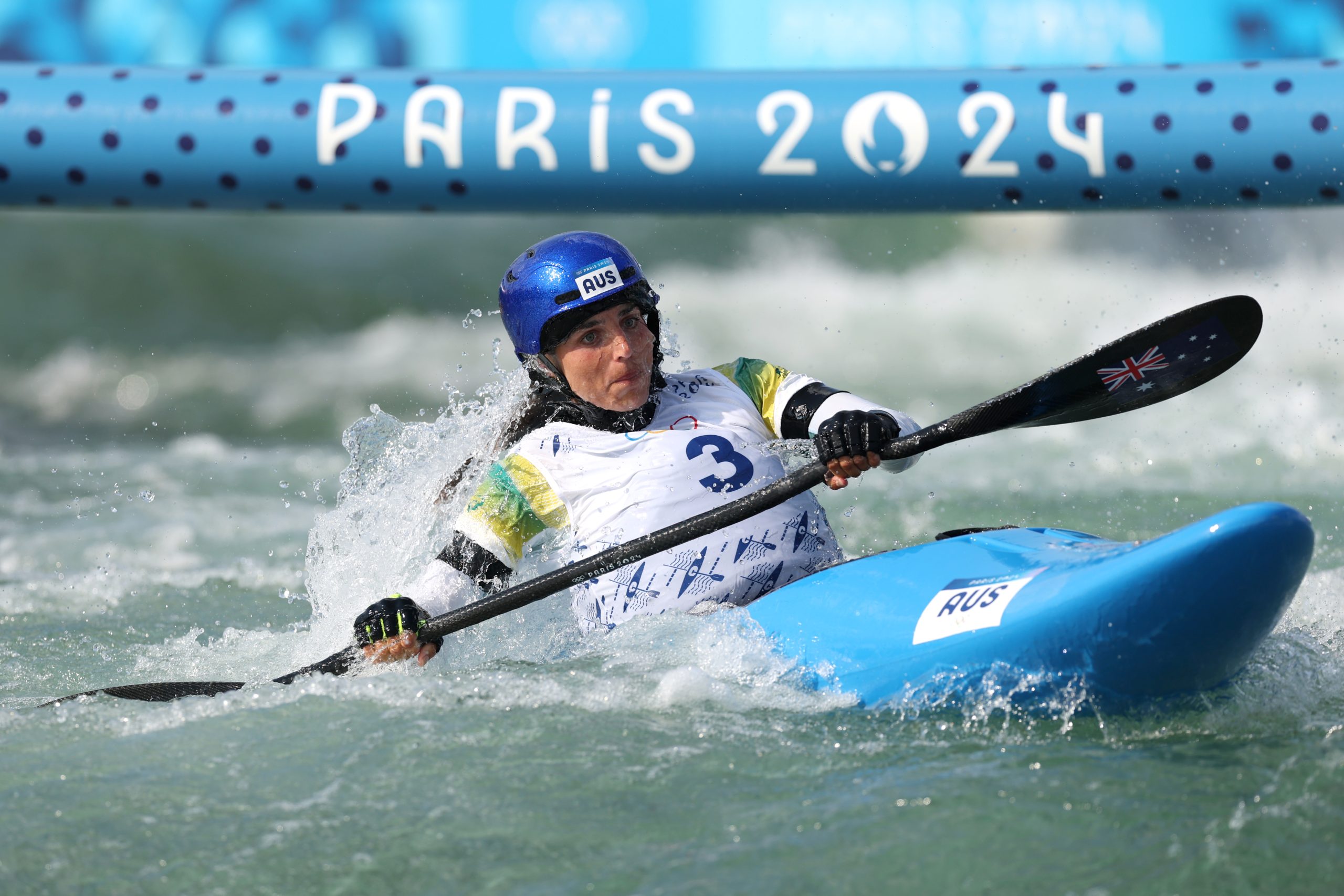 ARIS, FRANCE - AUGUST 02: Jessica Fox of Team Australia competes during the Canoe Slalom Women's Kayak Cross Time Trial on day seven of the Olympic Games Paris 2024 at Vaires-Sur-Marne Nautical Stadium on August 02, 2024 in Paris, France. (Photo by Francois Nel/Getty Images)