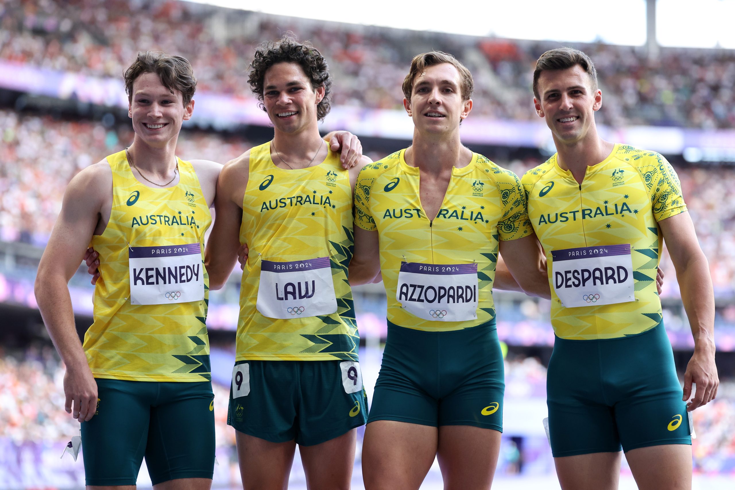 PARIS, FRANCE - AUGUST 08: Lachland Kennedy, Calab Law, Joshua Azzopardi and Jacob Despard of Team Australia pose for a photo prior to the Men's 4 x 100m Relay on day thirteen of the Olympic Games Paris 2024 at Stade de France on August 08, 2024 in Paris, France. (Photo by Hannah Peters/Getty Images)