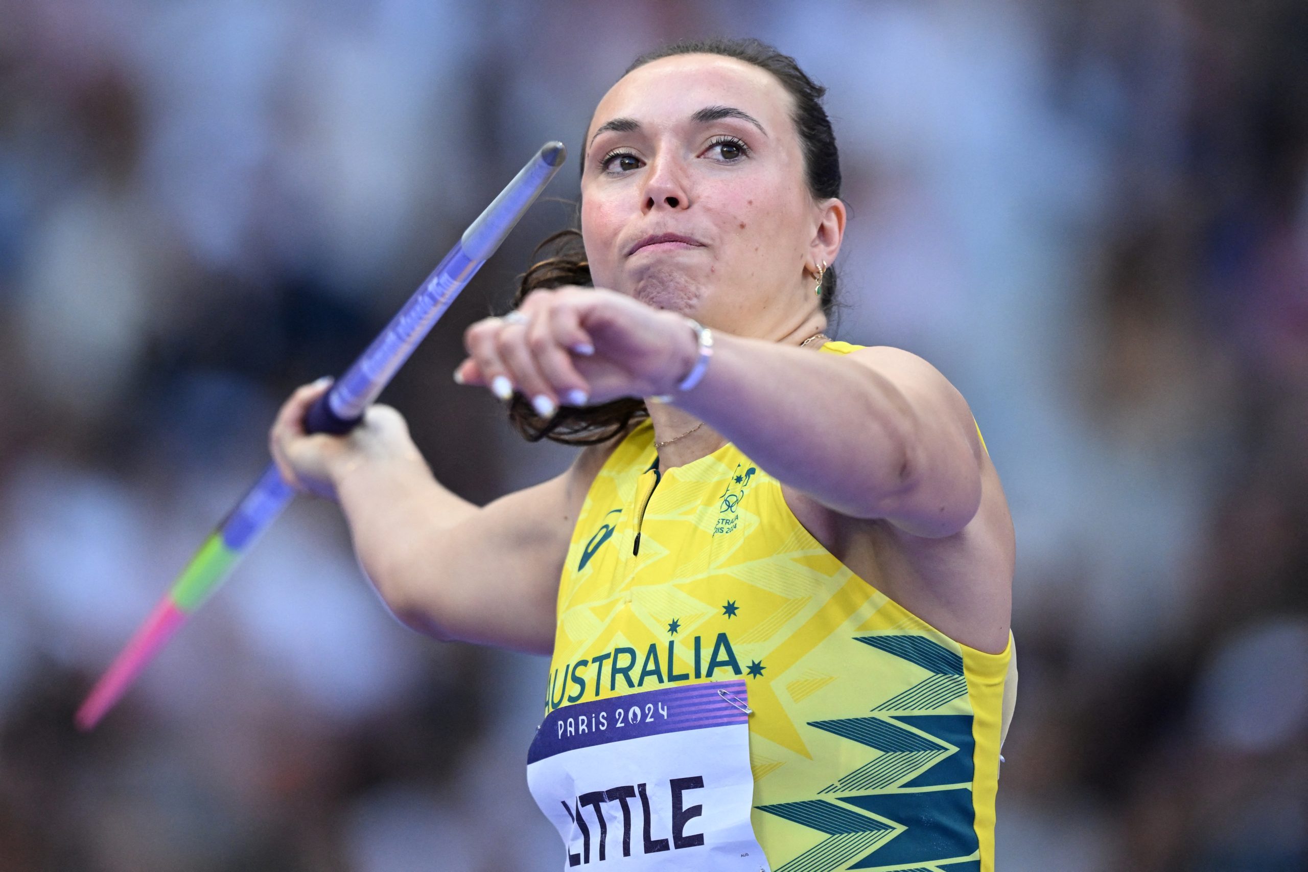 Australia's Mackenzie Little competes in the women's javelin throw qualification of the athletics event at the Paris 2024 Olympic Games at Stade de France in Saint-Denis, north of Paris, on August 7, 2024. (Photo by Kirill KUDRYAVTSEV / AFP) (Photo by KIRILL KUDRYAVTSEV/AFP via Getty Images)