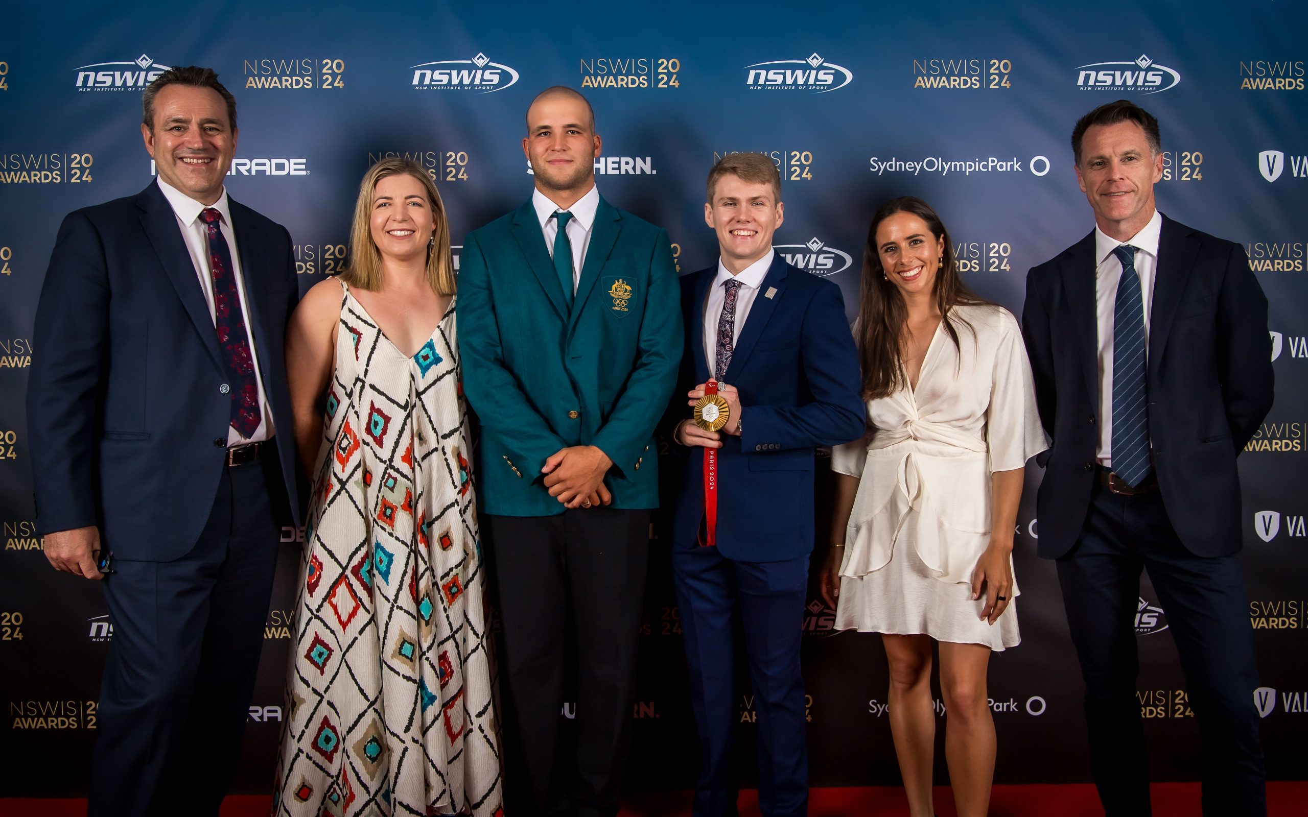 Steve Kamper, Zoe Arancini, Grae Morris, Tim Hodge, Noemie Fox and Premier Chris Minns at the 2024 NSWIS Awards